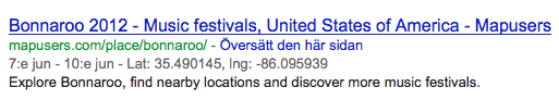Bild 20: Datum och geoposition för evenemanget Bonaroo anges direkt i sökmotorns träff.