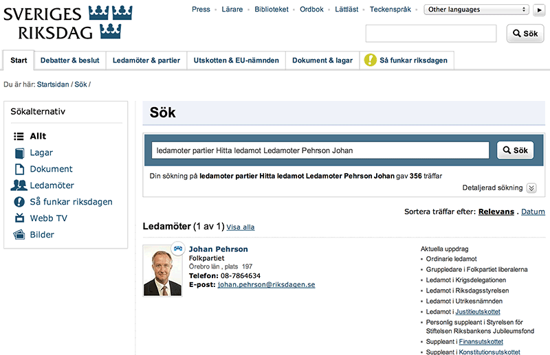 Bild 35: Sökfunktionen ger en enda träff om man använder nyckelord ur URL:en. Alltså borde sökmotorn kunna vägleda folk från borttagna sidor om man får sådana problem.