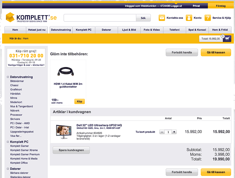 Bild 61: Komplett. se tipsar om kompletterande sladd till datorskärm. Det är inte en vild gissning att de har en stor vinstmarginal på den sladden.