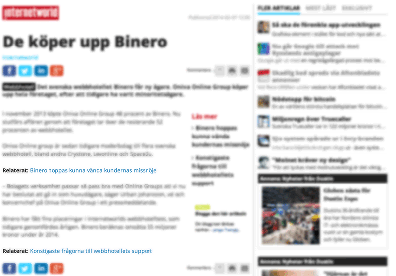 Bild 65: InternetWorld tipsar tidigt i sin brödtext om relaterade nyheter. Deras mätvärde på ett lyckat besök är troligen mer åt antal sidvisningar än genomsnittlig tid per sida.